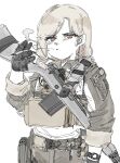  1girl belt black_gloves blonde_hair gloves gun highres looking_at_viewer military orange_eyes pouch rifle samsick short_hair simple_background smoking solo utility_belt vest weapon white_background 