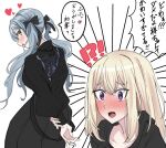  2girls arms_behind_back bang_dream! bang_dream!_it's_mygo!!!!! black_hoodie black_ribbon black_shirt black_skirt blonde_hair blue_hair blush commentary extreme_yuri_buta hair_ribbon heart highres hood hood_down hoodie long_sleeves medium_hair misumi_uika multiple_girls open_mouth ribbon shirt simple_background skirt togawa_sakiko translation_request twintails white_background yellow_eyes yuri 