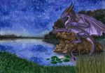  ambiguous_gender claws dragon feral grass horn membranous_wings samantha-dragon scalie sky smile solo star starry_sky traditional_media_(artwork) water western_dragon wings 