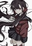  1girl absurdres arms_at_sides black_hair black_sailor_collar black_skirt blunt_bangs bow bowtie brown_hair commentary_request cowboy_shot danganronpa_(series) danganronpa_v3:_killing_harmony earrings frown grey_bow grey_bowtie hair_ornament hair_scrunchie harukawa_maki highres jewelry long_hair long_sleeves looking_at_viewer low_twintails mole mole_under_eye pleated_skirt red_eyes red_scrunchie red_shirt red_thighhighs sailor_collar school_uniform scrunchie shirt skirt solo stud_earrings thighhighs twintails very_long_hair wa_noko white_background wind wind_lift 