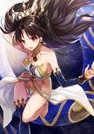  asymmetrical_clothes bare_shoulders black_hair black_legwear blush crown earrings fate/grand_order fate_(series) hair_ribbon ishtar_(fate/grand_order) jewelry long_hair long_legs looking_at_viewer open_mouth red_eyes ribbon shiny shiny_hair single_thighhigh smile solo thighhighs twintails yuzuki_karu 