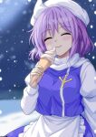  1girl apron blush breasts closed_eyes closed_mouth commentary_request eating facing_viewer food hat highres holding holding_ice_cream_cone ice_cream ice_cream_cone lapel_pin letty_whiterock long_sleeves mist9801km purple_hair purple_skirt purple_vest scarf shirt skirt snow snowing solo touhou vest waist_apron white_apron white_hat white_scarf white_shirt 