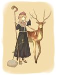  animal antlers bandana blonde_hair capelet deer dress highres orange_eyes peroncho plant pouch rock sandals simple_background staff 
