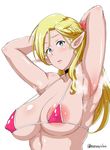  areola_slip areolae armpits arms_up bikini bikini_top blonde_hair blue_eyes blush braid breasts choker covered_nipples dungeon_meshi eyebrows_visible_through_hair fan_no_hitori hair_ornament highres large_areolae large_breasts long_hair looking_at_viewer marcille micro_bikini open_mouth pink_bikini pointy_ears simple_background solo swimsuit white_background 
