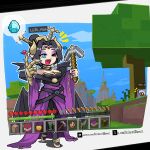  block_(minecraft) block_(object) dclaret demon demon_girl demon_horns demon_wings digimoji digimon digimon_(creature) explosive eyeshadow facial_mark fallen_angel forehead_mark forehead_tattoo highres horns lilithmon makeup minecraft minecraft_(style) minecraft_pickaxe minecraft_sword multiple_wings pickaxe piercing purple_eyeshadow purple_lips sword tattoo tnt weapon wing_piercing wings 