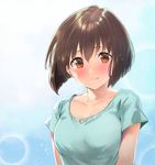  aqua_shirt bangs blue_shirt blush bob_cut breasts brown_eyes brown_hair close-up collarbone furukawa_itsuse hagiwara_yukiho hair_between_eyes head_tilt heart_cutout highres idolmaster idolmaster_(classic) looking_at_viewer medium_breasts shirt short_hair short_sleeves smile solo upper_body 