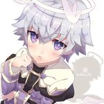  angel angel_wings blush commentary_request halo looking_at_viewer low_wings luke_venus male_focus mini_wings natsu_(728) pointy_ears pop-up_story purple_eyes school_uniform silver_hair solo st._feles_gakuen_uniform twitter_username white_background wings 