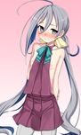  :d ahoge aqua_neckwear arms_behind_back bare_arms bare_shoulders blush bow breasts collarbone commentary_request cowboy_shot embarrassed eyebrows_visible_through_hair flat_chest front-seamed_legwear full-face_blush gradient gradient_background grey_legwear hair_between_eyes hair_bow hand_on_own_arm kantai_collection kiyoshimo_(kantai_collection) kumadano long_hair looking_away looking_to_the_side low_twintails nipple_slip nipples open_mouth pantyhose pink_hair pleated_skirt purple_eyes purple_skirt purple_vest seamed_legwear silver_hair skirt small_breasts smile solo standing tareme twintails very_long_hair vest yellow_bow 