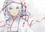  bangs blue_eyes commentary_request eyebrows_visible_through_hair floating_hair hair_between_eyes japanese_clothes kimono lips long_hair looking_at_viewer original parted_lips red_ribbon ribbon saihate_(d3) silver_hair solo teeth uchikake upper_body veil white_hair 