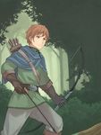  arrow belt bow_(weapon) brown_eyes brown_hair capelet forest gloves green_shirt holding holding_bow_(weapon) holding_weapon male_focus nature original peroncho quiver shirt weapon 