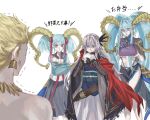  1boy 3girls anger_vein bikini black_cloak blonde_hair blue_bikini blue_hair blush_stickers cloak earrings eating fate/grand_order fate_(series) feather_hair_ornament feathers fingerless_gloves food fuyotan gilgamesh_(fate) gloves grey_hair hair_ornament highres holding_bento horns jewelry larva_tiamat_(fate) larva_tiamat_(swimsuit_archer)_(second_ascension)_(fate) long_hair multiple_girls onigiri pointy_ears saika_magoichi_(fate) school_uniform swimsuit tiamat_(fate) tiamat_(swimsuit_archer)_(first_ascension)_(fate) white_background wrapped_bento 