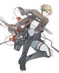  androgynous blonde_hair blood blue_eyes boots brown_jacket commentary dual_wielding emblem enlin holding jacket knee_boots knees_up nanaba pants paradis_military_uniform shingeki_no_kyojin short_hair simple_background solo sword thigh_strap three-dimensional_maneuver_gear weapon white_background white_pants wire 