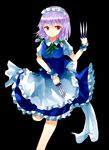  &gt;:( apron bangs black_background blue_dress bow braid closed_mouth commentary cowboy_shot dress dual_wielding frilled_dress frills frown green_bow green_neckwear green_ribbon hair_bow holding holding_knife izayoi_sakuya knife knives_between_fingers looking_at_viewer maid maid_headdress neck_ribbon puffy_short_sleeves puffy_sleeves red_eyes ribbon sakipsakip short_sleeves solo touhou twin_braids v-shaped_eyebrows waist_apron wrist_cuffs 