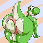  2017 anal anthro anus balls big_anus big_balls big_butt butt digital_media_(artwork) dinosaur egg hyper hyper_anus male mario_bros mocri muscular muscular_male nintendo nude oviposition penetration puffy_anus reptile scalie simple_background slightly_chubby solo thick_thighs video_games yoshi 