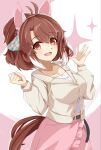  1girl ahoge animal_ears blush breasts brown_eyes brown_hair casual checkered_ribbon collarbone dantsu_flame_(casual)_(umamusume) dantsu_flame_(umamusume) ear_covers empty_gerbera hair_between_eyes hairband highres horse_ears horse_girl horse_tail jacket jewelry large_breasts long_sleeves looking_at_viewer multicolored_hair necklace open_mouth pink_hairband pink_skirt shirt skirt smile solo star_(symbol) tail umamusume white_hair white_jacket white_shirt white_streaks 