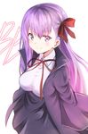  absurdres asymmetrical_bangs bangs bb_(fate)_(all) bb_(fate/extra_ccc) blush breasts brown_ribbon character_name closed_mouth commentary_request eyebrows_visible_through_hair fate/extra fate/extra_ccc fate_(series) hair_ribbon highres large_breasts long_hair looking_at_viewer purple_eyes purple_hair ribbon shibakame simple_background smile solo underbust white_background 
