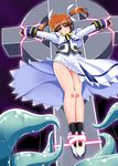  black_legwear blue_eyes blush bound bound_feet bound_wrists brown_hair cropped_jacket cross crucifixion fingerless_gloves gloves highres imminent_rape jacket legs long_hair lyrical_nanoha mahou_shoujo_lyrical_nanoha outstretched_arms panties panty_peek pink_panties restrained ribbon shirt shoes skirt slime socks takamachi_nanoha tentacles twintails underwear white_jacket white_shirt white_skirt wind wind_lift yaeba 