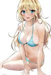  arm_support bare_shoulders bikini blonde_hair blue_bikini blue_eyes blush breasts cleavage collarbone eyebrows_visible_through_hair hair_between_eyes highres large_breasts long_hair looking_at_viewer navel open_mouth original sabet_(young_ouo) simple_background sitting smile solo striped striped_bikini sweat swimsuit wet white_background yokozuwari 