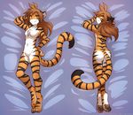  2017 anthro breasts brown_hair butt chest_tuft crossed_legs dakimakura_design featureless_breasts featureless_crotch feline female flora_(twokinds) fur hair hand_behind_head keidran looking_at_viewer looking_back lying mammal multiple_poses nude on_back on_front orange_eyes orange_fur pose smile solo tiger tom_fischbach tuft twokinds white_fur 