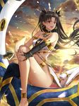  :d anklet arm_warmers armlet backlighting bangs bare_legs bare_shoulders barefoot black_hair black_legwear cloud collarbone commentary_request detached_collar earrings fate_(series) fingernails floating_hair hands_clasped heavenly_boat_maanna highres hoop_earrings ishtar_(fate/grand_order) jewelry knee_up light_rays long_hair long_legs looking_at_viewer morning navel no_panties open_mouth outdoors own_hands_together parted_bangs petals red_eyes revealing_clothes single_thighhigh sitting sketch sky smile solo star_(sky) starry_sky sugi87 sunbeam sunlight thighhighs thighs tiara v-shaped_eyebrows very_long_hair waist_cape wind 