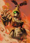  1boy absurdres arm_cannon armor brown_background cowboy_shot green_eyes helmet highres hyde_(tabakko) medarot metabee smoke smoking_barrel solo weapon yellow_armor yellow_helmet 