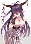  antenna_hair bandages black_hair breasts cleavage danua draph dress fingerless_gloves gloves granblue_fantasy hair_between_eyes horn_ornament horns jewelry koko_(koko3) large_breasts long_hair looking_at_viewer necklace pointy_ears red_eyes solo 