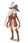  angry blue_hair boots dress floating floating_object gem hand_on_hip hat levitation orange_eyes original peroncho staff telekinesis thigh_boots thighhighs white_background wide_sleeves witch_hat 