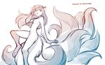  16:10 2017 anthro breasts canine digitigrade featureless_breasts female fox gloves_(marking) hi_res keidran laura_(twokinds) mammal markings monochrome multi_tail nude one_leg_up side_view simple_background sketch small_breasts smile socks_(marking) solo tom_fischbach twokinds webcomic white_background 