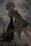  1other androgynous ascot bare_legs black_kimono black_shorts brown_ascot brown_coat chinese_commentary closed_mouth cloud cloudy_sky coat collared_coat commentary_request cowboy_shot day enraku_tsubakura expressionless grey_eyes grey_hair highres holding_detached_head houlen_yabusame japanese_clothes jinbei_(clothes) kimono lapels layered_sleeves len'en long_sleeves looking_ahead notched_lapels other_focus outdoors puffy_short_sleeves puffy_sleeves short_hair short_kimono short_over_long_sleeves short_sleeves shorts sky solo standing weihe_wuya_xiang_zhuo_tai wheat_field wide_sleeves 
