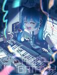  1girl 1other absurdres aqua_eyes aqua_hair aqua_nails aqua_trim arm_tattoo aruku_saba birthday_cake birthday_sash blurry blurry_foreground cake cake_slice character_doll closed_eyes commentary doll feeding food fork hair_between_eyes hair_ornament happy_birthday hatsune_miku highres holding holding_fork indoors instrument keyboard_(instrument) long_hair monitor number_tattoo open_mouth shirt sleeveless sleeveless_shirt smile speaker streamers tattoo through_medium through_screen twintails very_long_hair vocaloid vocaloid_editor 