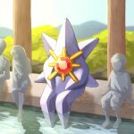  1girl 2boys commentary_request gem highres mega_starmie multiple_boys outdoors partially_submerged pokemon pokemon_(creature) pokemon_focus red_gemstone sitting soaking_feet starmie tori_(torisan_pokemon) water 