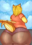  anthro big_butt blonde_hair butt canine clothing datpisces dog food girly hair huge_butt hybrid male mammal pizza shirt sky slightly_chubby talia_(trinity-fate62) translucent underwear wide_hips wolf 