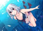  :o adyisu air_bubble altair_floone bangs bare_legs bare_shoulders barefoot bikini_skirt blush breasts bubble cleavage collarbone commentary_request coral day diving dutch_angle eyebrows_visible_through_hair foreshortening freediving frills full_body grey_hair hair_between_eyes holding_breath leg_garter looking_at_viewer medium_breasts open_mouth original outdoors red_eyes red_ribbon ribbon ribbon_trim ruins short_hair solo submerged sunlight swimming tareme twitter_username underwater 
