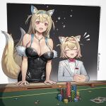 2girls :3 :d absurdres alternate_costume animal_ear_fluff animal_ears artist_name bandaid bandaid_hair_ornament black_dress blonde_hair blue_hair bow bowtie breasts casino_card_table cleavage closed_eyes commentary dog_ears dog_girl dog_tail dress english_commentary fake_horns fang fuwawa_abyssgard grey_jacket hair_ornament hairband hands_on_table highres hololive hololive_english horn_hairband horns jacket large_breasts looking_at_viewer mococo_abyssgard multicolored_hair multiple_girls open_mouth pink_eyes pink_hair poker_chip poker_table red_bow red_bowtie seventeencrows shirt siblings sisters skin_fang small_breasts smile streaked_hair table tail twins two_side_up virtual_youtuber white_shirt x_hair_ornament 