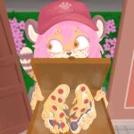 1:1 amber_eyes ambiguous_gender anthro black_nose blush blush_lines bodily_fluids box cheese cheetah clothing container dairy_products delivery_(commerce) detachable_feet door doorway feet felid feline floor flower food food_delivery food_fetish food_on_feet food_play foot_fetish foot_focus fur hair hat headgear headwear hi_res inside logo mammal markings modular musk musk_cloud narky_sawtooth_(artist) outside paws pepperoni pepperoni_pizza pink_hair pizza pizza_box pizza_delivery plant red_clothing red_hat red_headwear red_shirt red_topwear shirt solo spots spotted_body spotted_fur sweat tail tile tile_floor topwear uniform