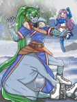  2girls :d animal_ears arm_up armor belt blue_armor blue_boots blue_dress blue_eyes blue_gloves boots breastplate breasts bridle brown_belt centaur circlet dark_persona dress elbow_gloves english_commentary fingerless_gloves fire_emblem fire_emblem:_the_blazing_blade fire_emblem_heroes fire_emblem_shadows florina_(fire_emblem) full_body fur_trim gloves green_hair hair_between_eyes hair_ribbon hairband high_ponytail highres hooves horse_ears horse_tail ice_skates ice_skating knee_boots long_hair looking_at_another lyn_(fire_emblem) lyn_(plains_wind)_(fire_emblem) medium_breasts mnejing30 monster_girl monsterification multiple_girls multiple_legs open_mouth outdoors parted_bangs pelvic_curtain ponytail purple_hair red_hairband ribbon shadow short_sleeves shoulder_armor sidelocks sitting skates skating smile standing standing_on_one_leg sweatdrop tail taur teeth tress_ribbon upper_teeth_only very_long_hair white_dress 