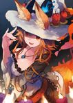  :d animal_ears bangs belt breasts candle cleavage dress ears_through_headwear fang fire fox_ears fox_girl fox_shadow_puppet fox_tail hair_between_eyes hair_tousle hat highres jewelry large_breasts long_hair looking_at_viewer necklace open_mouth orange_eyes orange_hair original roll_okashi smile solo tail witch_hat 