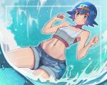  1girl bare_shoulders blue_eyes blue_hair blue_shorts blue_sky blush breasts cosplay cropped_shirt denim denim_shorts hairband highres lana_(pokemon) looking_at_viewer midriff misty_(pokemon) misty_(pokemon)_(cosplay) navel ocean outdoors parted_lips pokemon pokemon_lgpe pokemon_sm short_hair shorts sky small_breasts solo stomach tank_top water white_tank_top yasu_suupatenin 