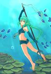  air_bubble aqua_eyes aqua_hair barefoot bubble elbow_gloves fish freediving gloves holding holding_breath holding_weapon long_hair original peroncho pointy_ears polearm shorts sleeveless submerged swimming trident underwater very_long_hair weapon 