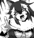  angry animal_ears commentary eri_(yangyang_nickbow) fangs fingernails fur_collar grey_wolf_(kemono_friends) greyscale hair_between_eyes kemono_friends long_fingernails long_hair monochrome multicolored_hair necktie sharp_fingernails wolf_ears 