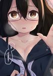  bangs binsen black_hair black_serafuku blush breasts brown_eyes cleavage collarbone commentary_request eyebrows_visible_through_hair glasses hair_between_eyes hand_up long_hair looking_at_viewer medium_breasts original parted_lips purple-framed_eyewear school_uniform serafuku solo speech_bubble sweatdrop translation_request untied upper_body 