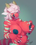  anthro big_breasts breast_grab breasts buxbi dragon female hair hand_on_breast horn nipples pink_hair slightly_chubby solo thick_thighs tongue wide_hips 
