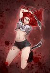  1girl blood_splatter dagger esther full_body green_eyes highres katarina_du_couteau kneeling league_of_legends licking_lips midriff navel red_hair referee scar shorts solo tongue 