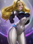  1girl blonde_hair blue_eyes bodysuit boobplate breastplate breasts covered_navel headset large_breasts lolliedrop narrow_waist nova_(starcraft) pointing pointing_at_viewer signature skin_tight starcraft tagme thick_thighs thighs wide_hips 