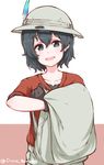  backpack bag black_gloves black_hair disco_brando gloves hat hat_feather helmet highres kaban_(kemono_friends) kemono_friends pith_helmet recursion red_shirt shirt short_hair smile solo t-shirt v-neck wavy_hair 