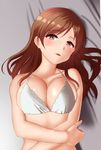  absurdres alternate_costume bare_arms bare_shoulders blush breasts brown_eyes brown_hair cleavage commentary_request highres idolmaster idolmaster_cinderella_girls large_breasts long_hair looking_at_viewer lying nitta_minami on_back solo taka_(takahirokun) underwear underwear_only upper_body 