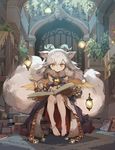  animal_ears anklet barefoot book demon_horns detached_sleeves feathered_wings fur_trim hair_tubes highres horns ilmina_(p&amp;d) jewelry library multiple_tails puzzle_&amp;_dragons tail tennohi white_hair wings yellow_eyes 