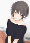  androgynous aqua_eyes bangs black_shirt brown_hair butterfly_sitting closed_mouth collarbone eyebrows_visible_through_hair looking_at_viewer lpip male_focus mouth_hold off_shoulder original shirt sitting solo upper_body 