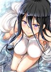  bad_anatomy bare_shoulders black_hair blush breasts collarbone dress eyebrows_visible_through_hair from_above hair_between_eyes large_breasts long_hair looking_up original partially_submerged purple_eyes sideboob sitting sleeveless sleeveless_dress smile solo thighs usyuuri very_long_hair water wet white_dress 