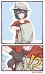  1girl 2koma backpack bag black_gloves black_hair comic commentary disco_brando emphasis_lines gloves hat hat_feather helmet highres kaban_(kemono_friends) kemono_friends pith_helmet recursion red_shirt shirt short_hair smile t-shirt v-neck wavy_hair 